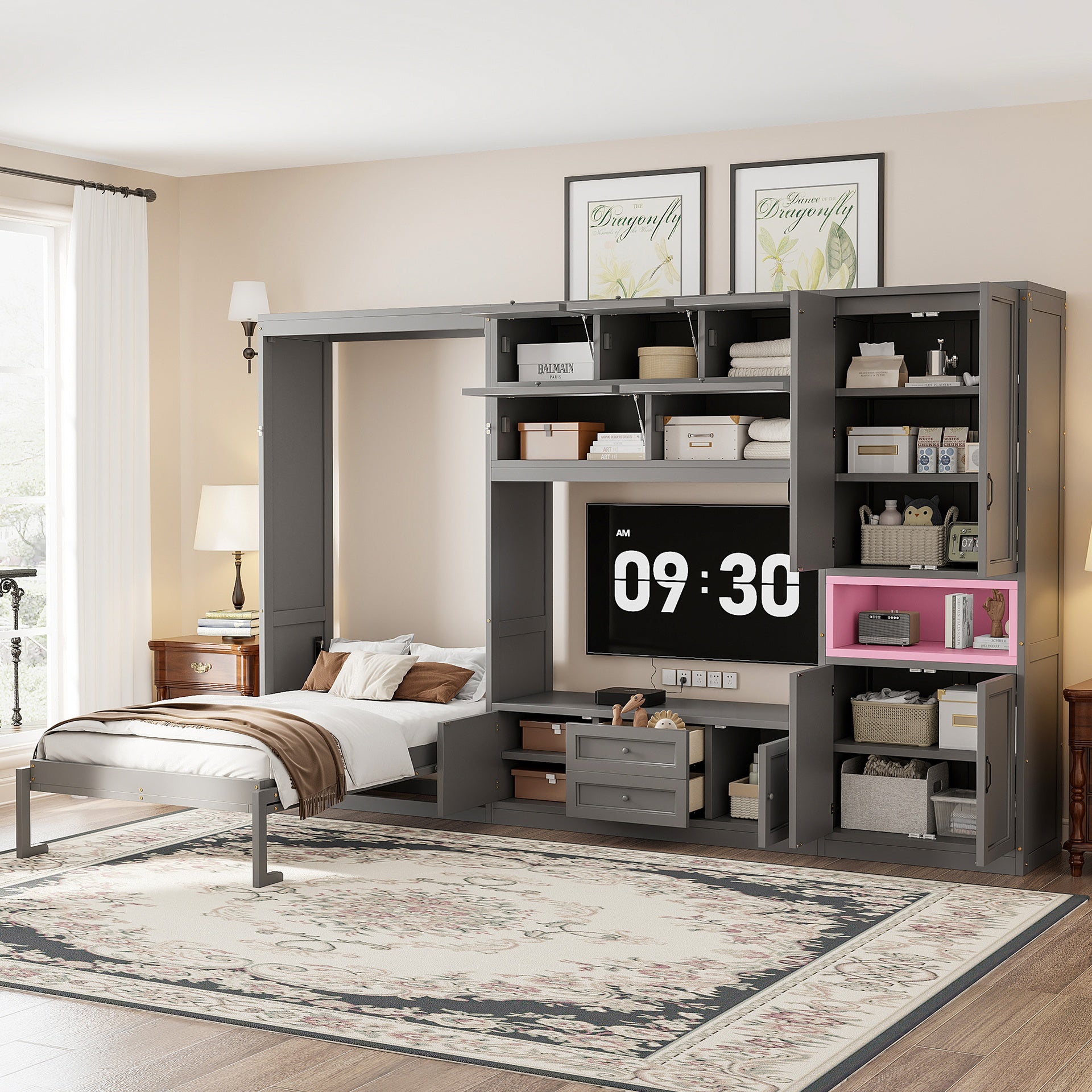 Twin Size Wooden Murphy Bed with TV Stand, 2 Drawers, Shelves, and Cabinets, Gray