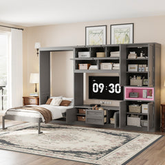Twin Size Wooden Murphy Bed with TV Stand, 2 Drawers, Shelves, and Cabinets, Gray