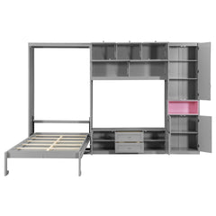 Twin Size Wooden Murphy Bed with TV Stand, 2 Drawers, Shelves, and Cabinets, Gray