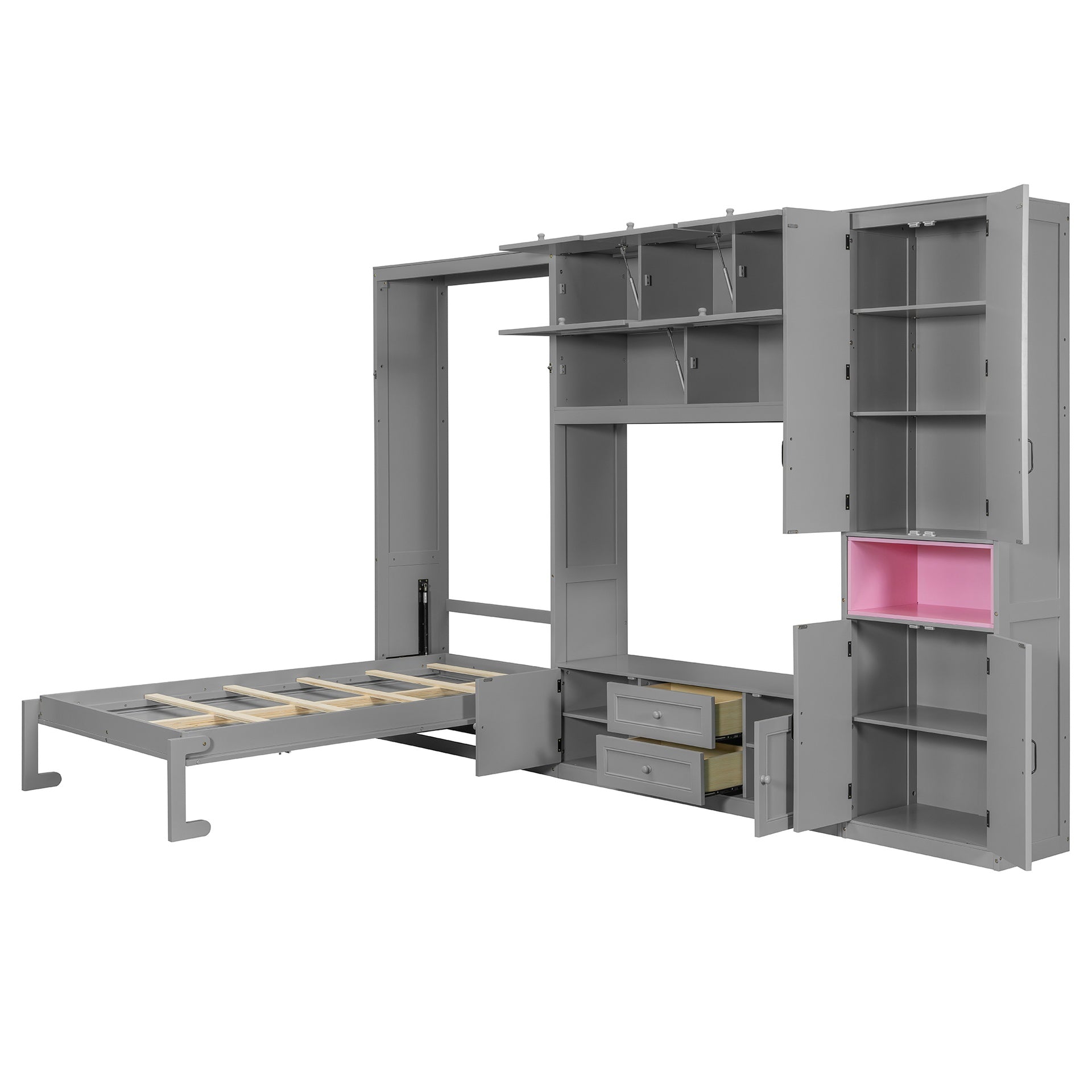Twin Size Wooden Murphy Bed with TV Stand, 2 Drawers, Shelves, and Cabinets, Gray