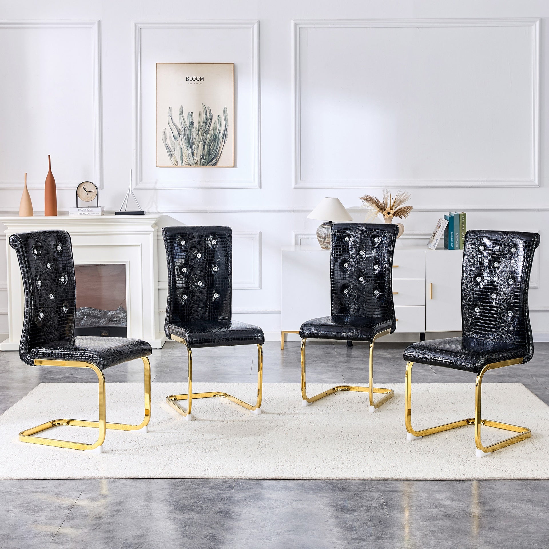 Set of 4,Retro alligator skin Upholstered dining chairs,with Crystal buckle design and Faux Leather design,a touch of elegance and mystery to the dining area,Gold plated metal bow leg
