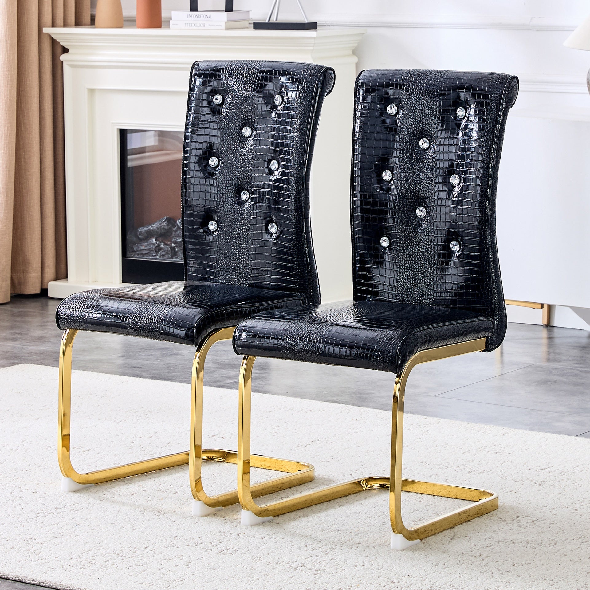 Set of 4,Retro alligator skin Upholstered dining chairs,with Crystal buckle design and Faux Leather design,a touch of elegance and mystery to the dining area,Gold plated metal bow leg