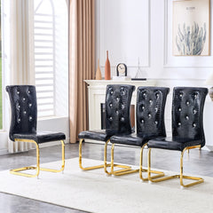 Set of 4,Retro alligator skin Upholstered dining chairs,with Crystal buckle design and Faux Leather design,a touch of elegance and mystery to the dining area,Gold plated metal bow leg