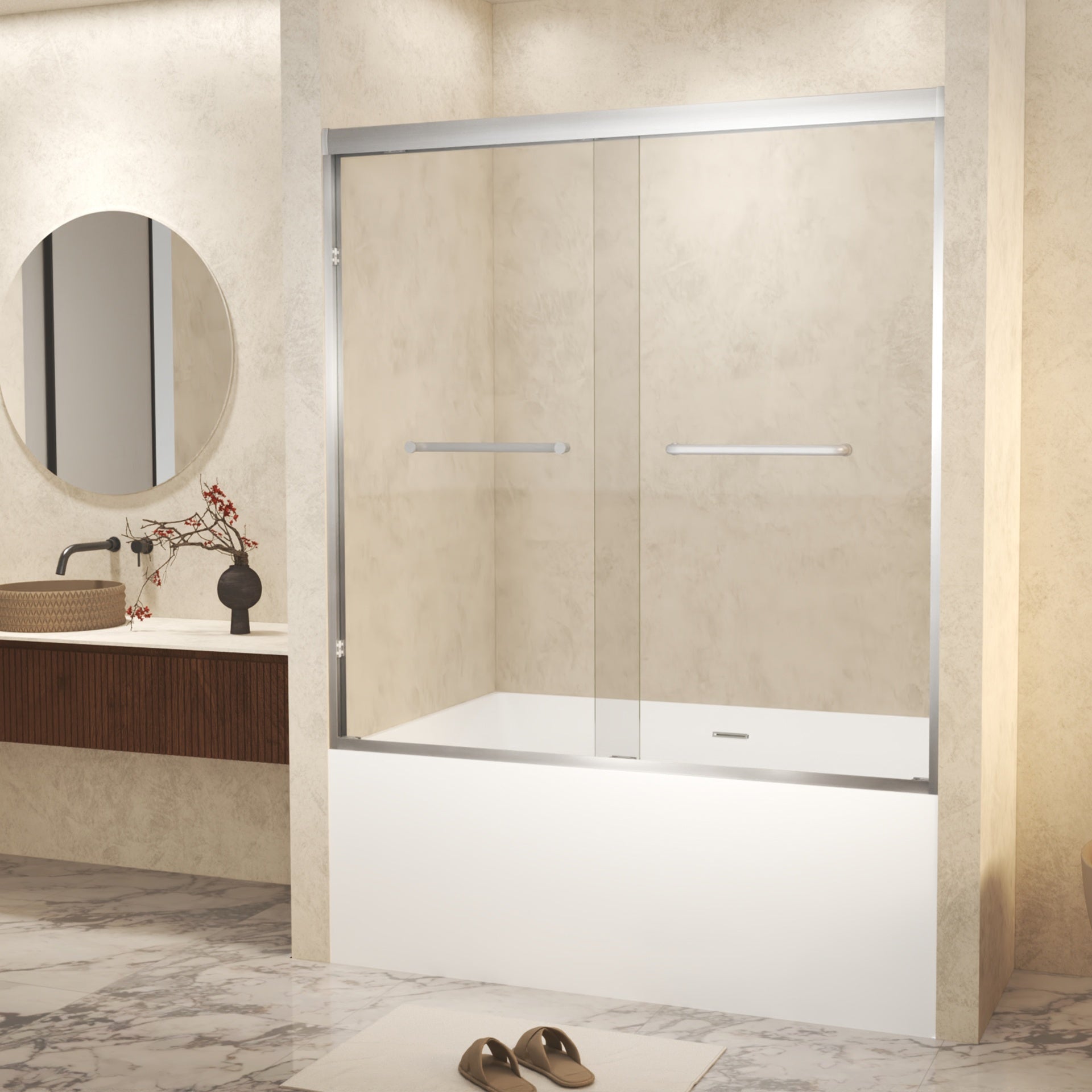56-60" x 60" Tempered Glass with Explosion Proof Film, Aluminum Frame Double Sliding Shower Door, "1/4 (6 mm), Stainless Steel handle,Brushed Nickel