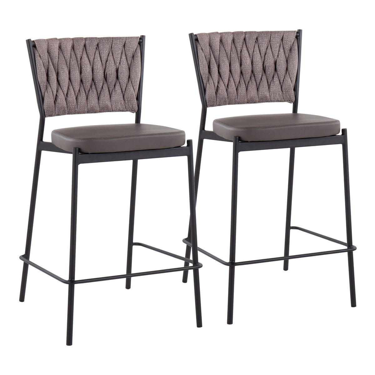 Braided Tania Contemporary Counter Stool in Black Metal, Grey Faux Leather, and Light Brown Fabric by LumiSource - Set of 2