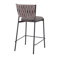 Braided Tania Contemporary Counter Stool in Black Metal, Grey Faux Leather, and Light Brown Fabric by LumiSource - Set of 2