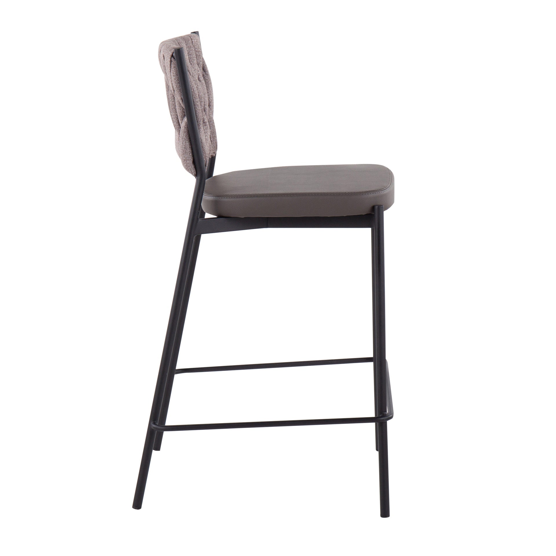 Braided Tania Contemporary Counter Stool in Black Metal, Grey Faux Leather, and Light Brown Fabric by LumiSource - Set of 2