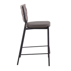 Braided Tania Contemporary Counter Stool in Black Metal, Grey Faux Leather, and Light Brown Fabric by LumiSource - Set of 2