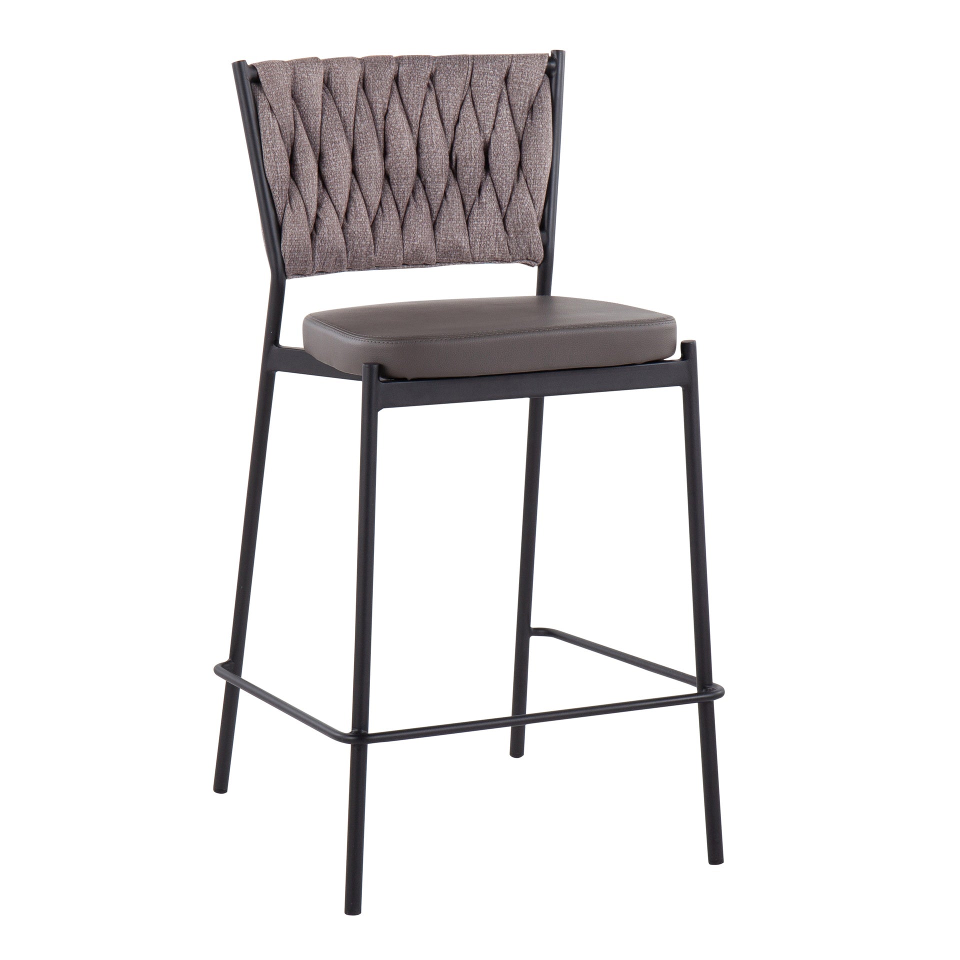 Braided Tania Contemporary Counter Stool in Black Metal, Grey Faux Leather, and Light Brown Fabric by LumiSource - Set of 2
