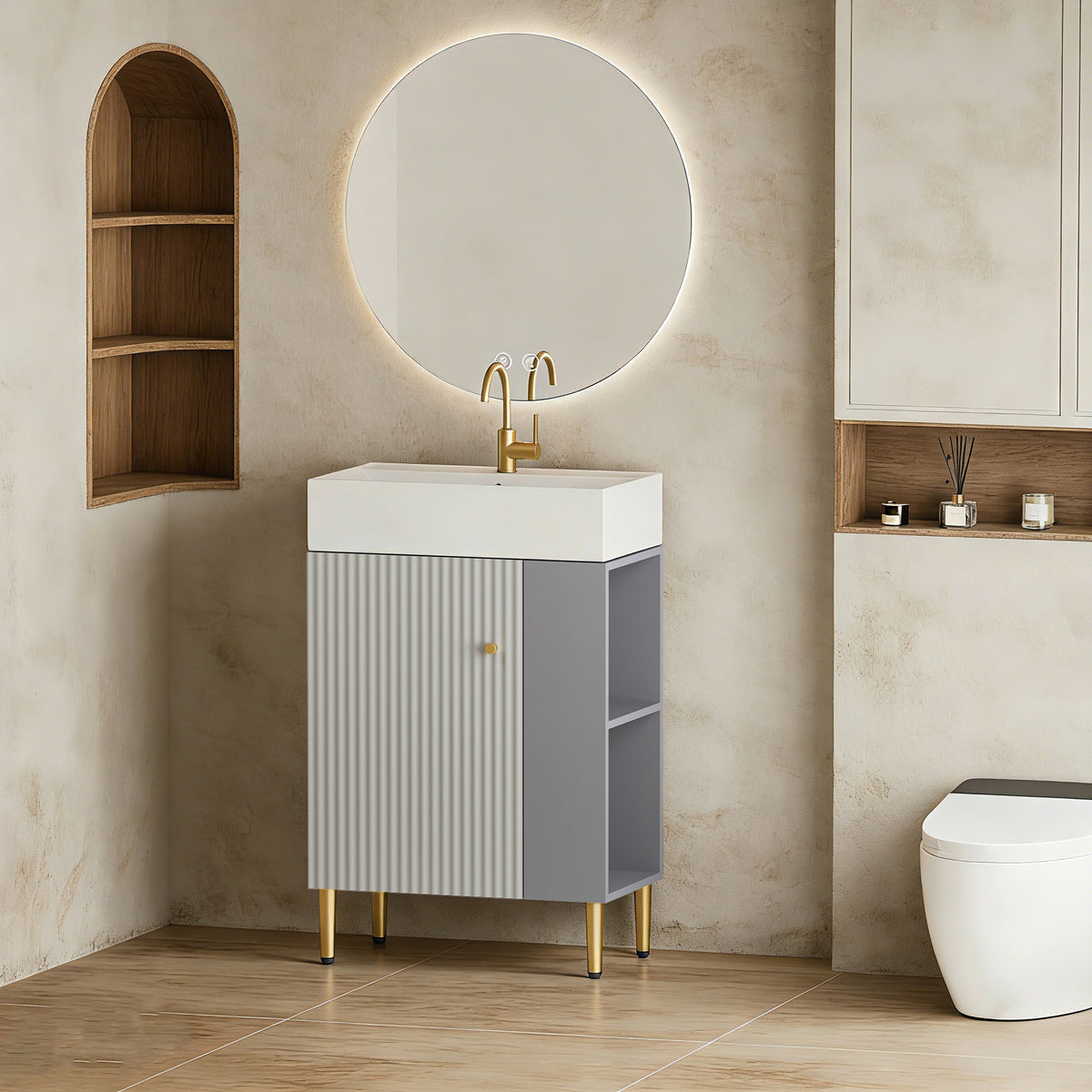 21.6" Open-shelving vanity with ceramic sink, soft-close door, right storage shelf, assembly needed, Grey GF-24VB06-21MGRCONTACT SELLER FOR STOCK-W1573S00023