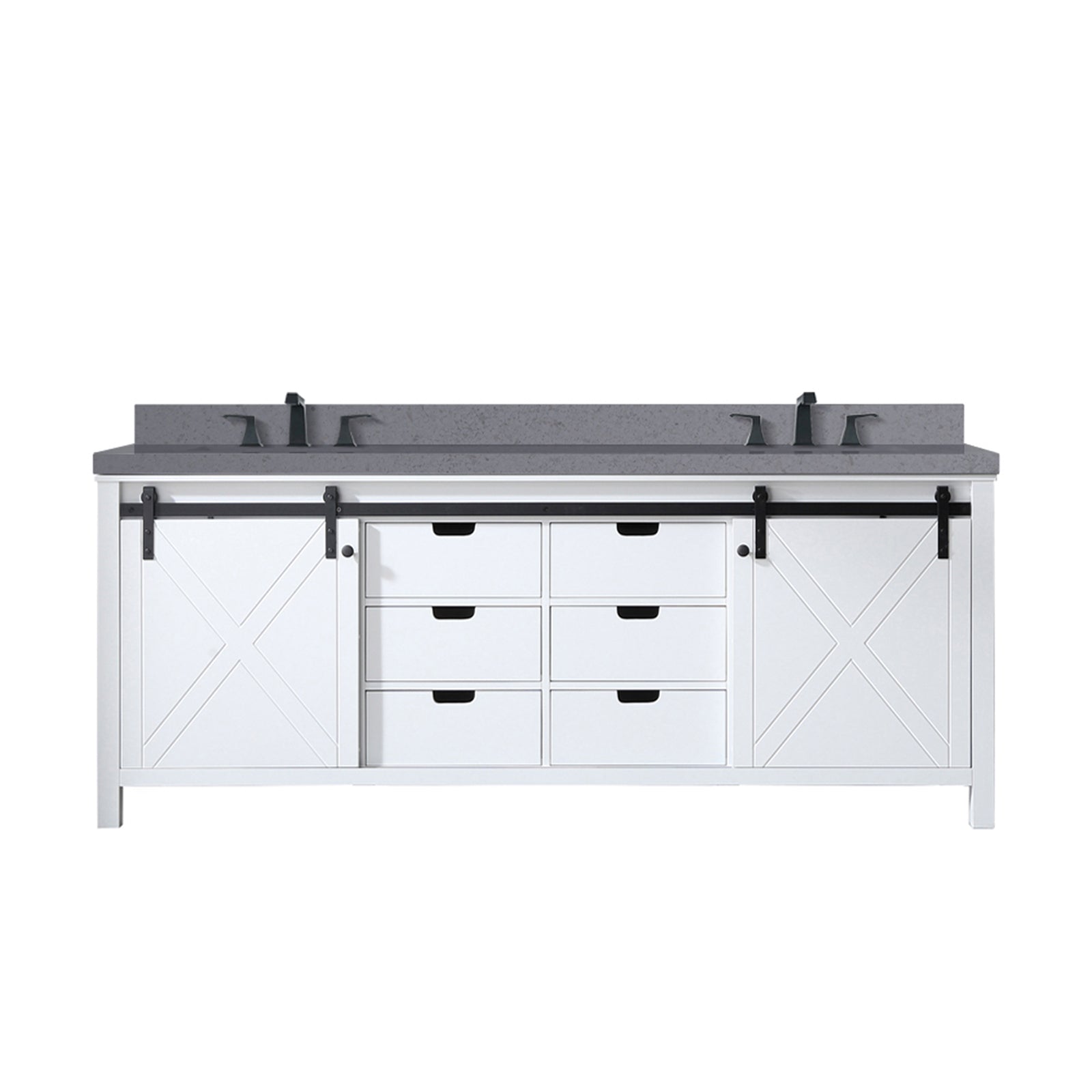 White Double Bath Vanity 84 in. W x 22 in. D, Grey Quartz Countertop and Faucet Set