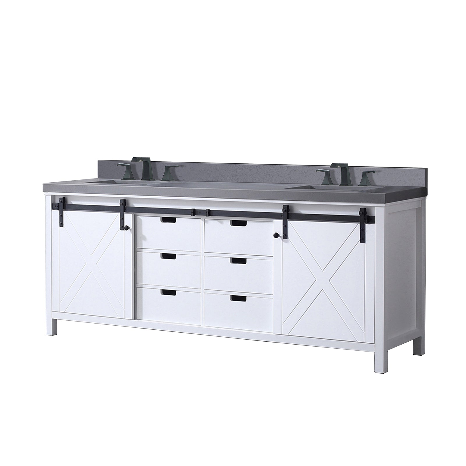 White Double Bath Vanity 84 in. W x 22 in. D, Grey Quartz Countertop and Faucet Set