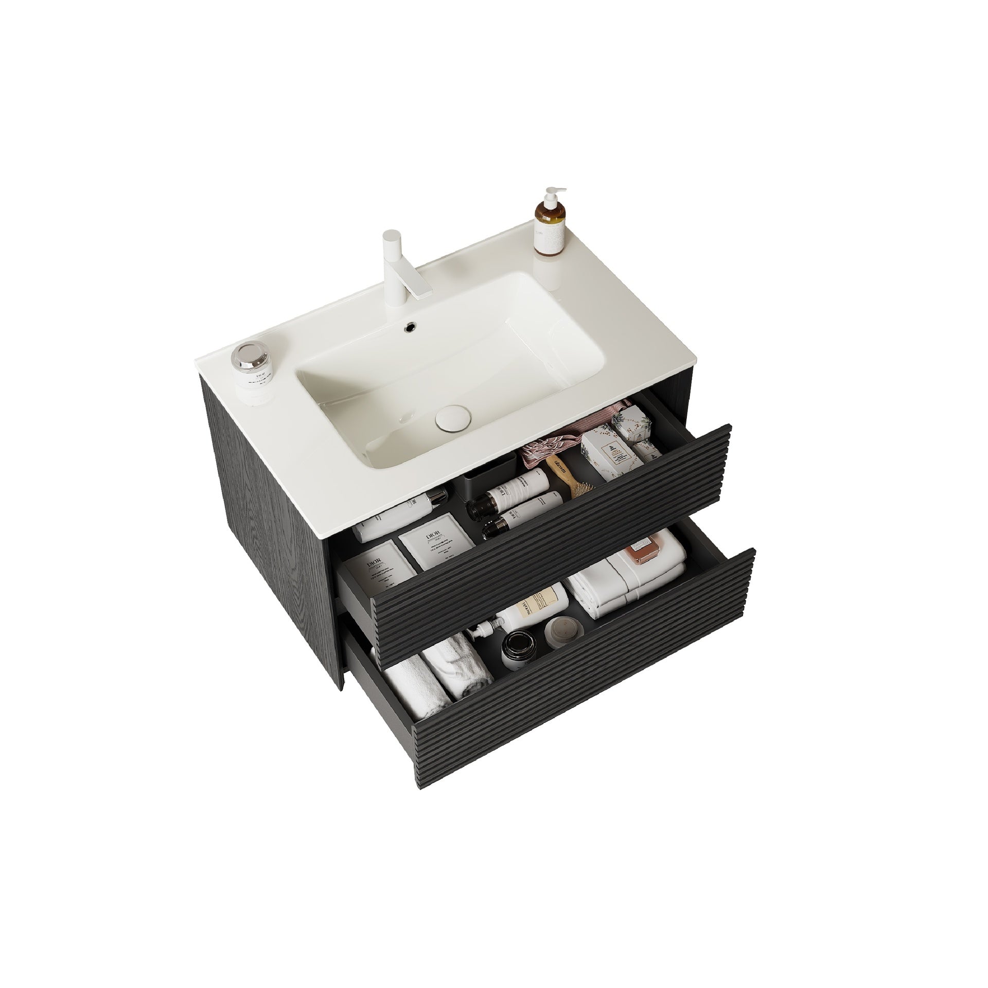 BRON 30" Bathroom Vanity with Sink, Wall-Mounted Floating Plywood Bathroom Storage Cabinet with 2 Drawers, White Ceramic Basin, Pre-assembled, Dark Oak Woodgrain Color