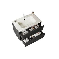 BRON 30" Bathroom Vanity with Sink, Wall-Mounted Floating Plywood Bathroom Storage Cabinet with 2 Drawers, White Ceramic Basin, Pre-assembled, Dark Oak Woodgrain Color