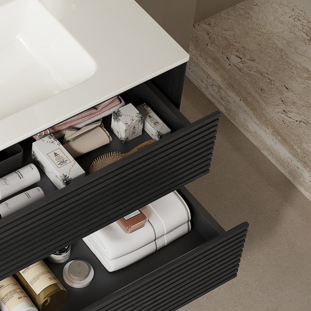 BRON 30" Bathroom Vanity with Sink, Wall-Mounted Floating Plywood Bathroom Storage Cabinet with 2 Drawers, White Ceramic Basin, Pre-assembled, Dark Oak Woodgrain Color