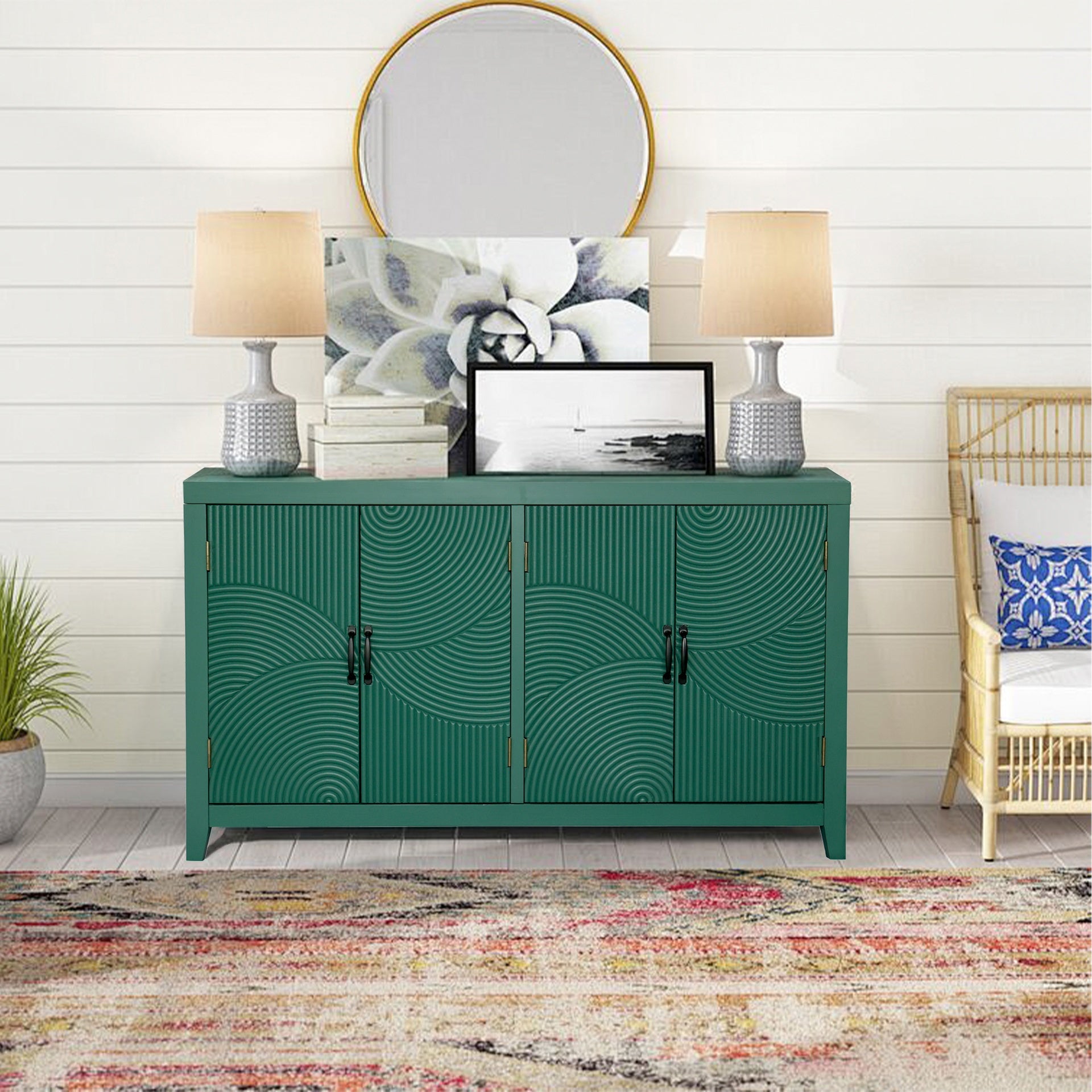 59"Green Accent Cabinet with 4 Doors, Mid Century Modern Pantry Cabinet, Wood Buffet Cabinet, Media Cabinet, Console Cabinet, Cabinet for Entryway, Living Room, Bedroom, Dining Room
