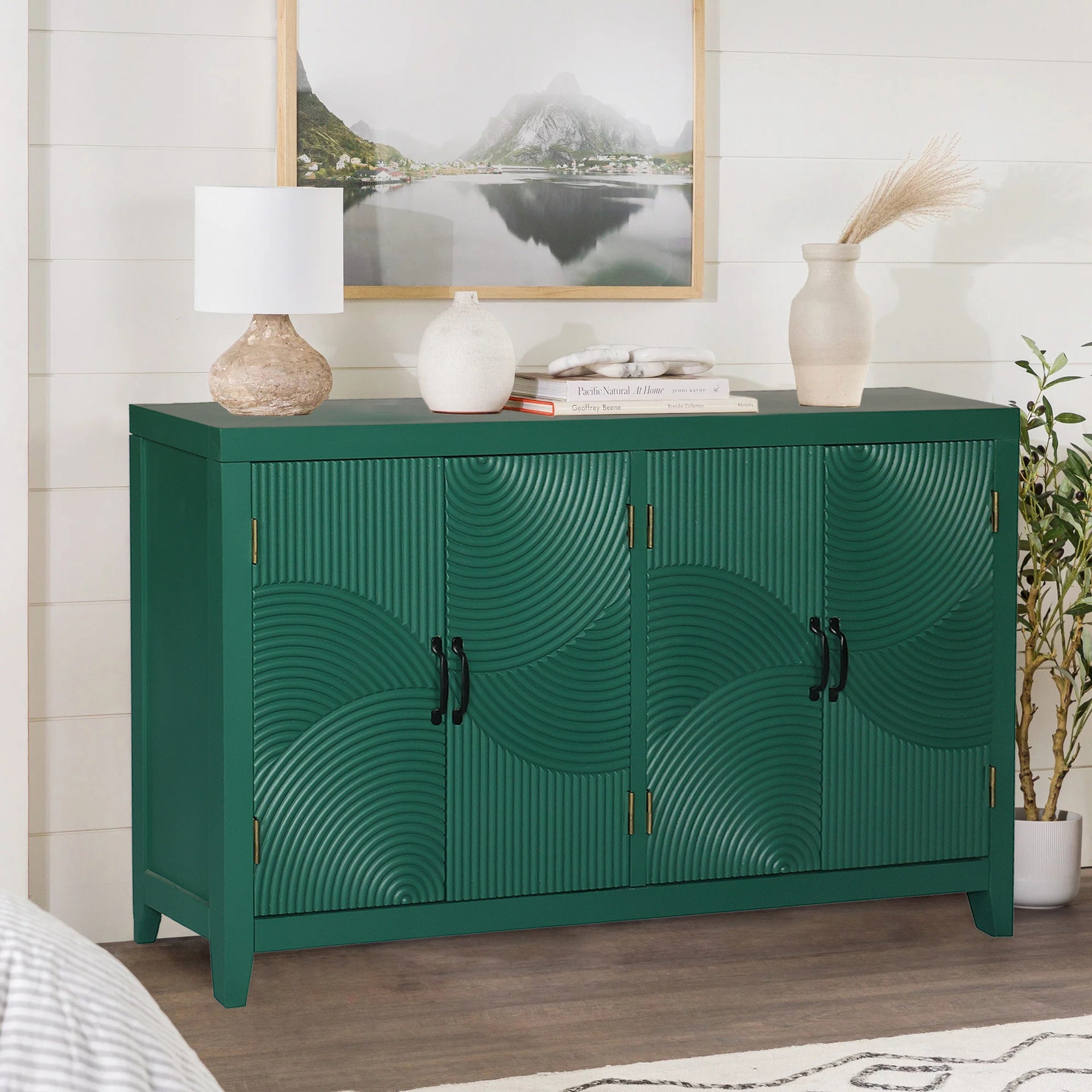 59"Green Accent Cabinet with 4 Doors, Mid Century Modern Pantry Cabinet, Wood Buffet Cabinet, Media Cabinet, Console Cabinet, Cabinet for Entryway, Living Room, Bedroom, Dining Room
