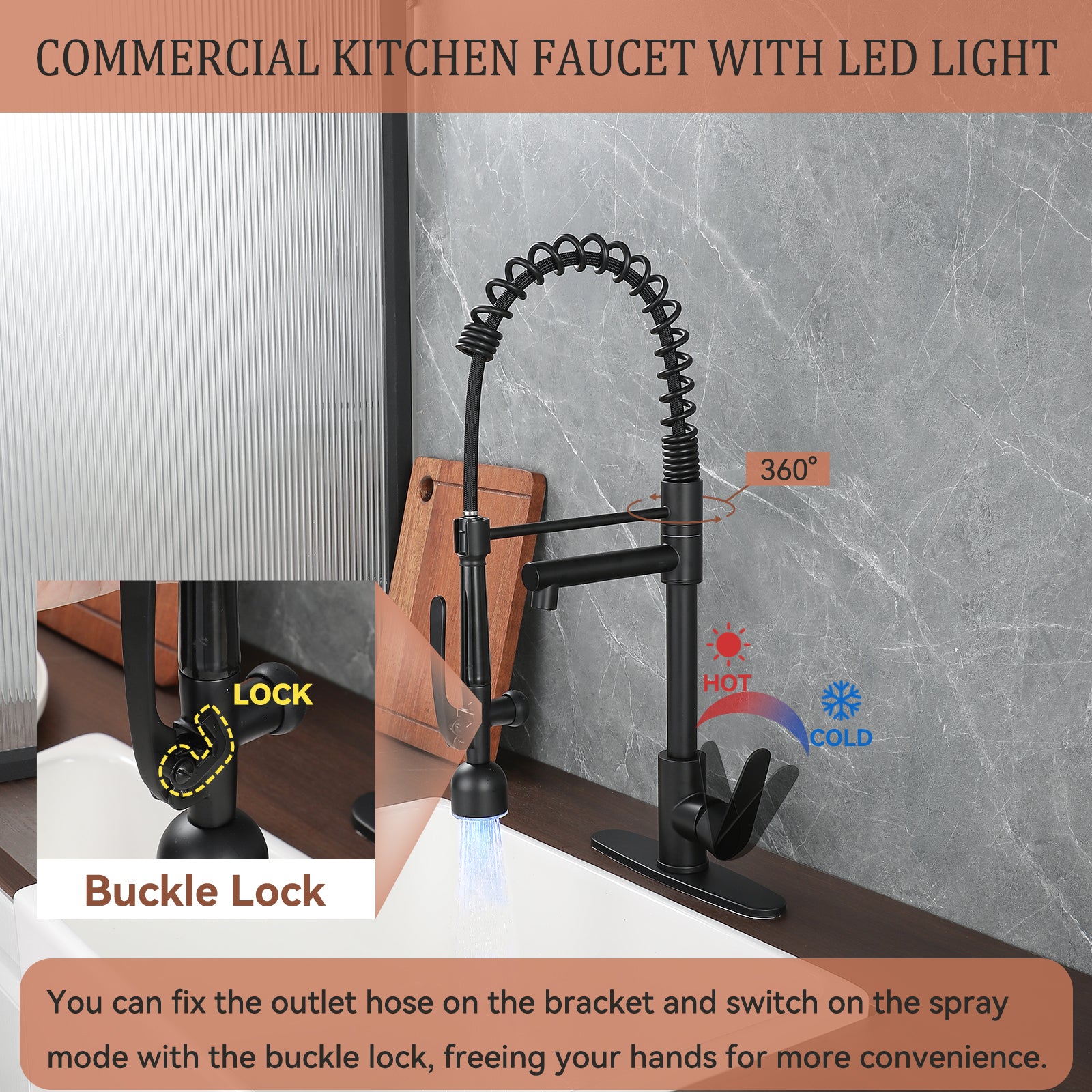 Kitchen Sink Faucet with LED Pull Down Sprayer, Commercial Single Handle High Arc Kitchen Faucet, Spring Sink Faucets with Deck Plate, Dual Spouts, Stainless Steel