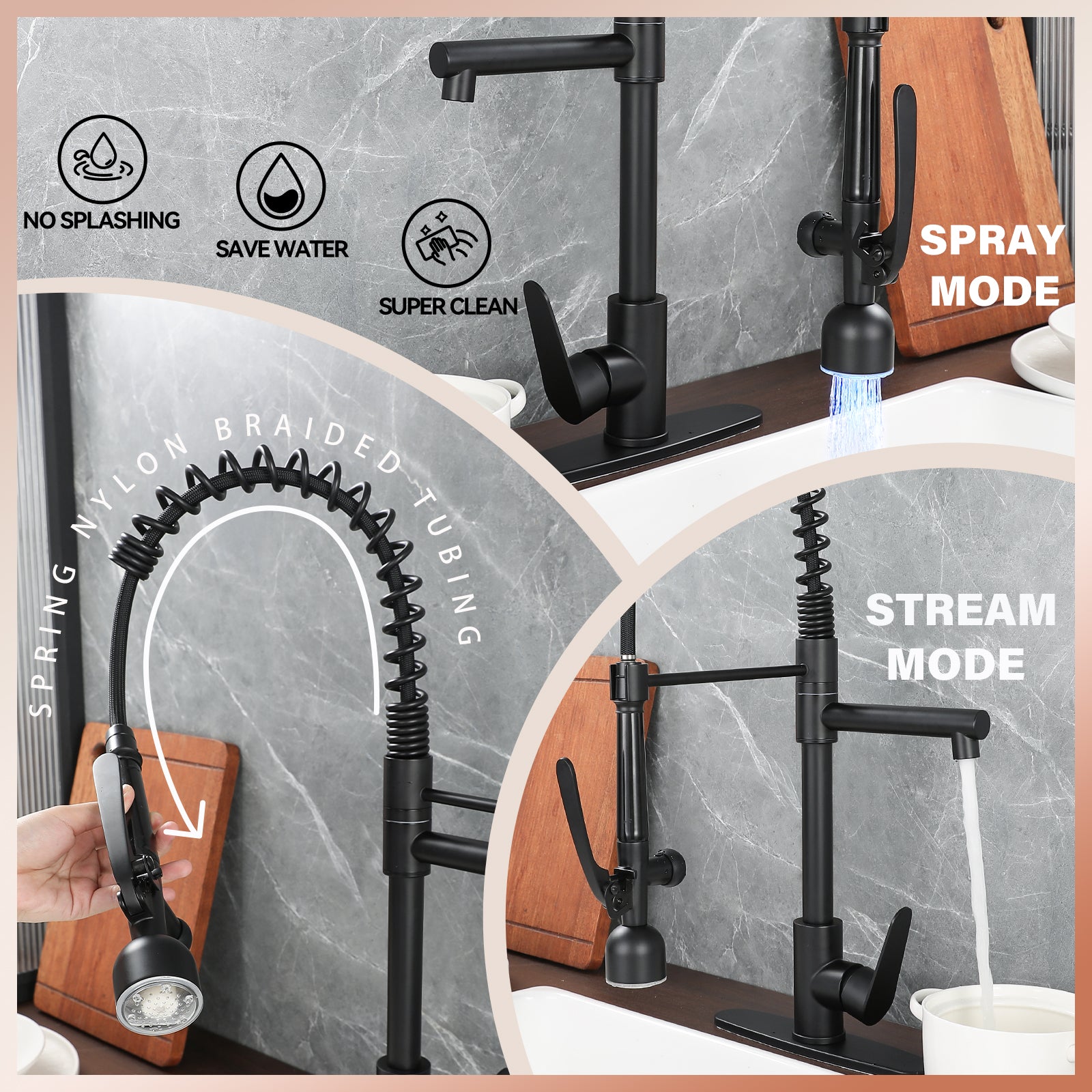 Kitchen Sink Faucet with LED Pull Down Sprayer, Commercial Single Handle High Arc Kitchen Faucet, Spring Sink Faucets with Deck Plate, Dual Spouts, Stainless Steel