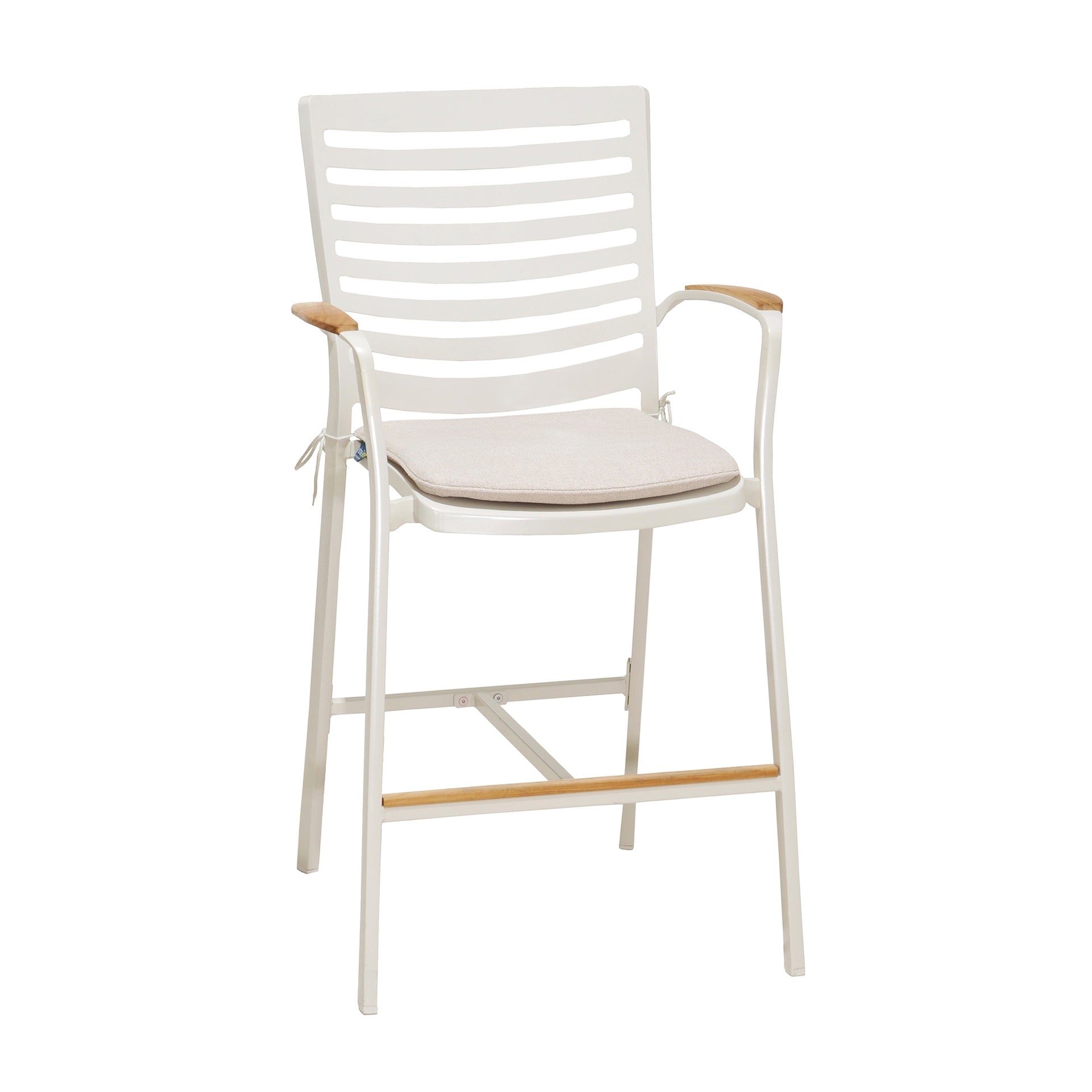 Isora Outdoor Patio Aluminum Barstool in Light Matte Sand with Natural Teak Wood Accent