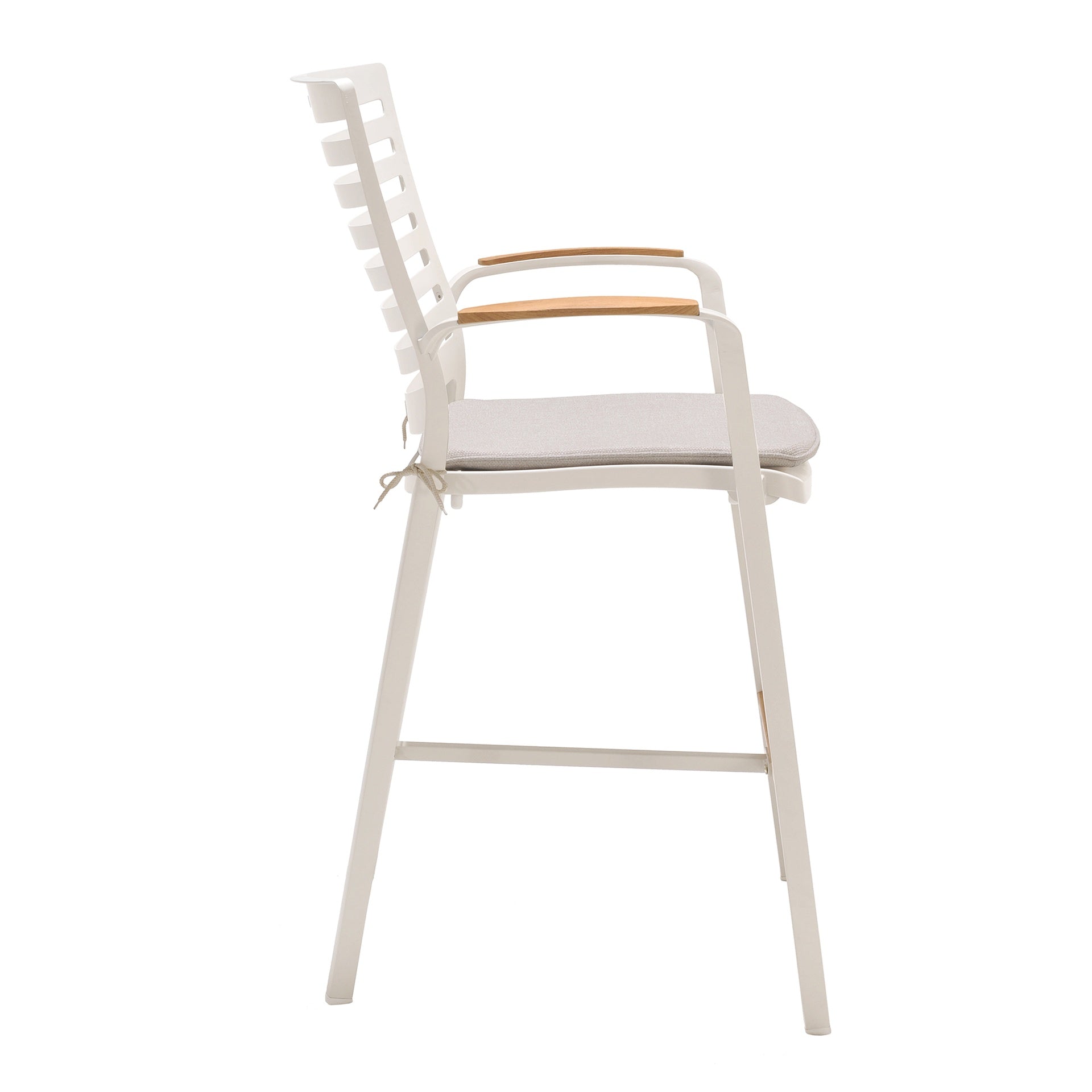 Isora Outdoor Patio Aluminum Barstool in Light Matte Sand with Natural Teak Wood Accent