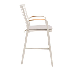 Isora Outdoor Patio Aluminum Barstool in Light Matte Sand with Natural Teak Wood Accent