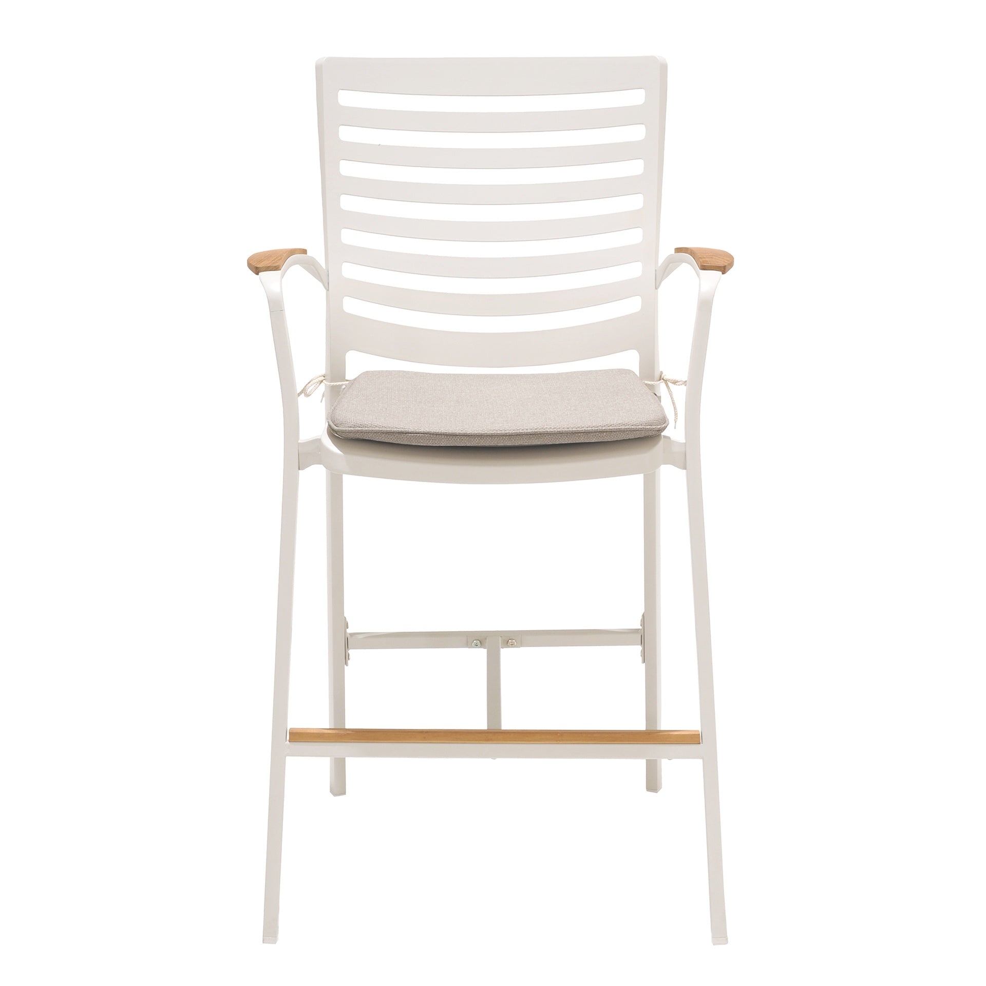 Isora Outdoor Patio Aluminum Barstool in Light Matte Sand with Natural Teak Wood Accent