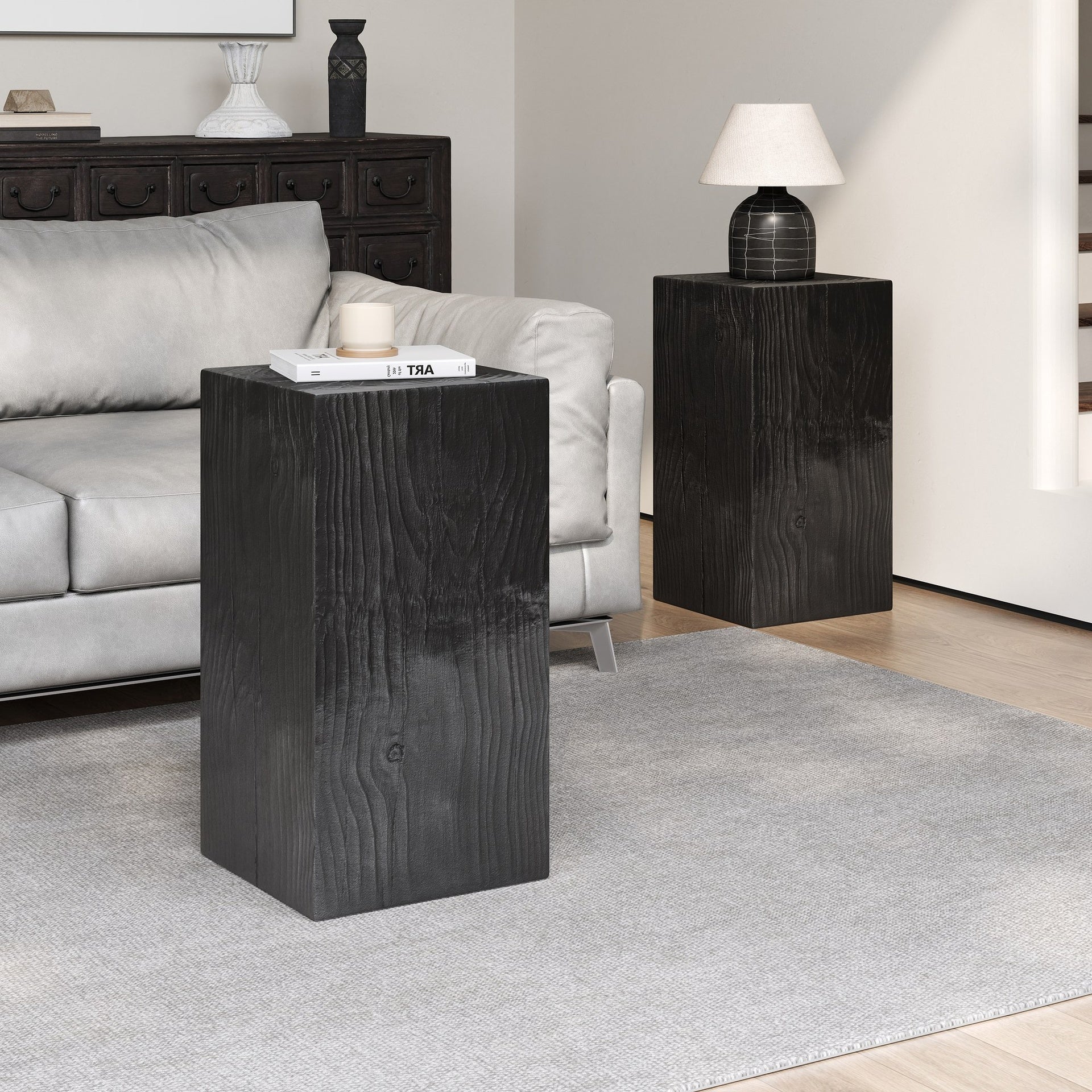 Wood-Look Square-Column MGO End Table,  H27.75",Wood-Like Distressed Finish, Mix with Different Heights, Indoor Outdoor Use,Black Color