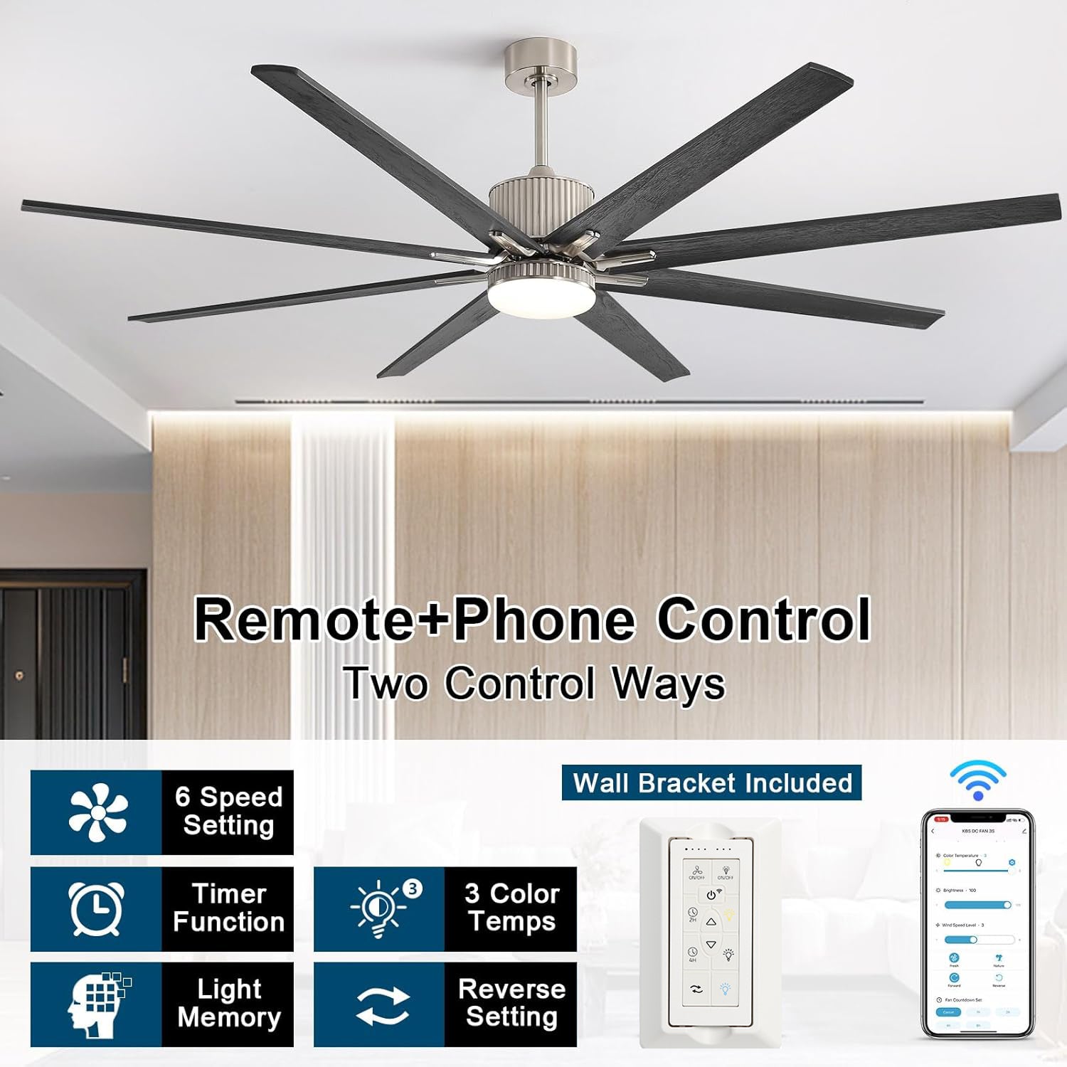 76 inch Smart App Controlled DC Motor Ceiling Fan with Light, Dimmable 3-Color LED, 6-Speed, Reversible, Remote, Timer, for Large Room