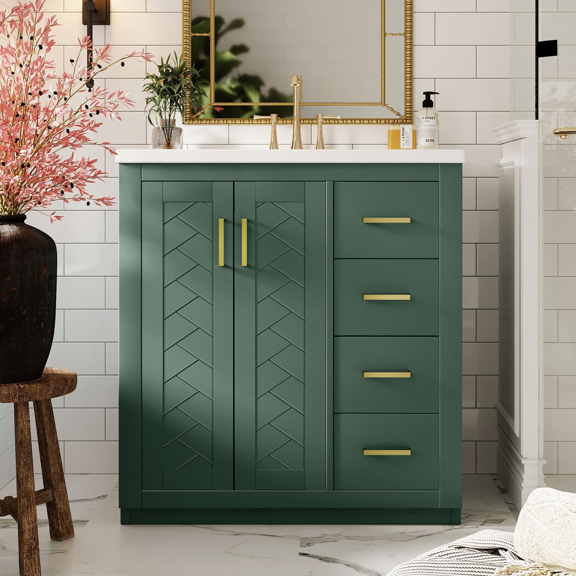 30'' Bathroom Vanity with Ceramic Sink Combo, Solid Wood Frame Bathroom Storage Cabinet, Freestanding Vanity Set with 3 Drawers& Soft Closing Doors