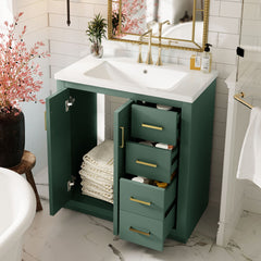 30'' Bathroom Vanity with Ceramic Sink Combo, Solid Wood Frame Bathroom Storage Cabinet, Freestanding Vanity Set with 3 Drawers& Soft Closing Doors