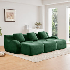 Three-Seat Boneless Sofa High-Quality Teddy Fabric ,No assembly required Curved armrest Anti-slip Design  Ergonomic design, Assembly Chaise  32D High Density Sponge living rooms media rooms,Green