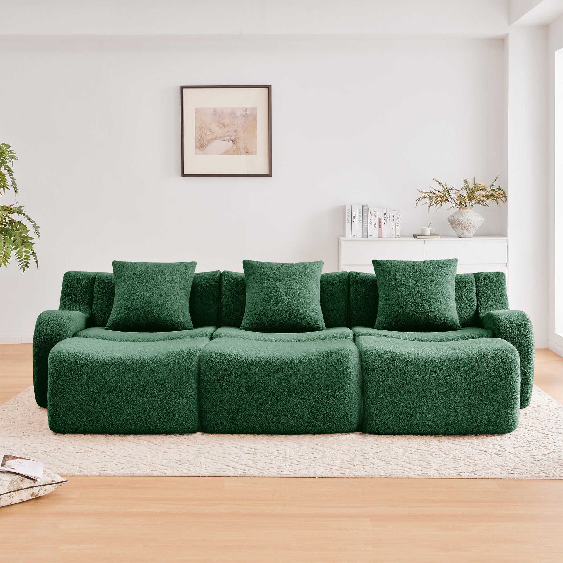 Three-Seat Boneless Sofa High-Quality Teddy Fabric ,No assembly required Curved armrest Anti-slip Design  Ergonomic design, Assembly Chaise  32D High Density Sponge living rooms media rooms,Green