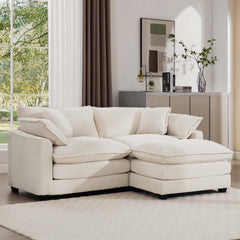 Corduroy Two-Seater Sofa  with 1 Footrest, L-Shaped 2-Seater Sofa with Ottoman for Small Living Spaces, Light Beige Corduroy Sofa