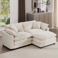 Corduroy Two-Seater Sofa  with 1 Footrest, L-Shaped 2-Seater Sofa with Ottoman for Small Living Spaces, Light Beige Corduroy Sofa