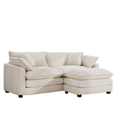 Corduroy Two-Seater Sofa  with 1 Footrest, L-Shaped 2-Seater Sofa with Ottoman for Small Living Spaces, Light Beige Corduroy Sofa