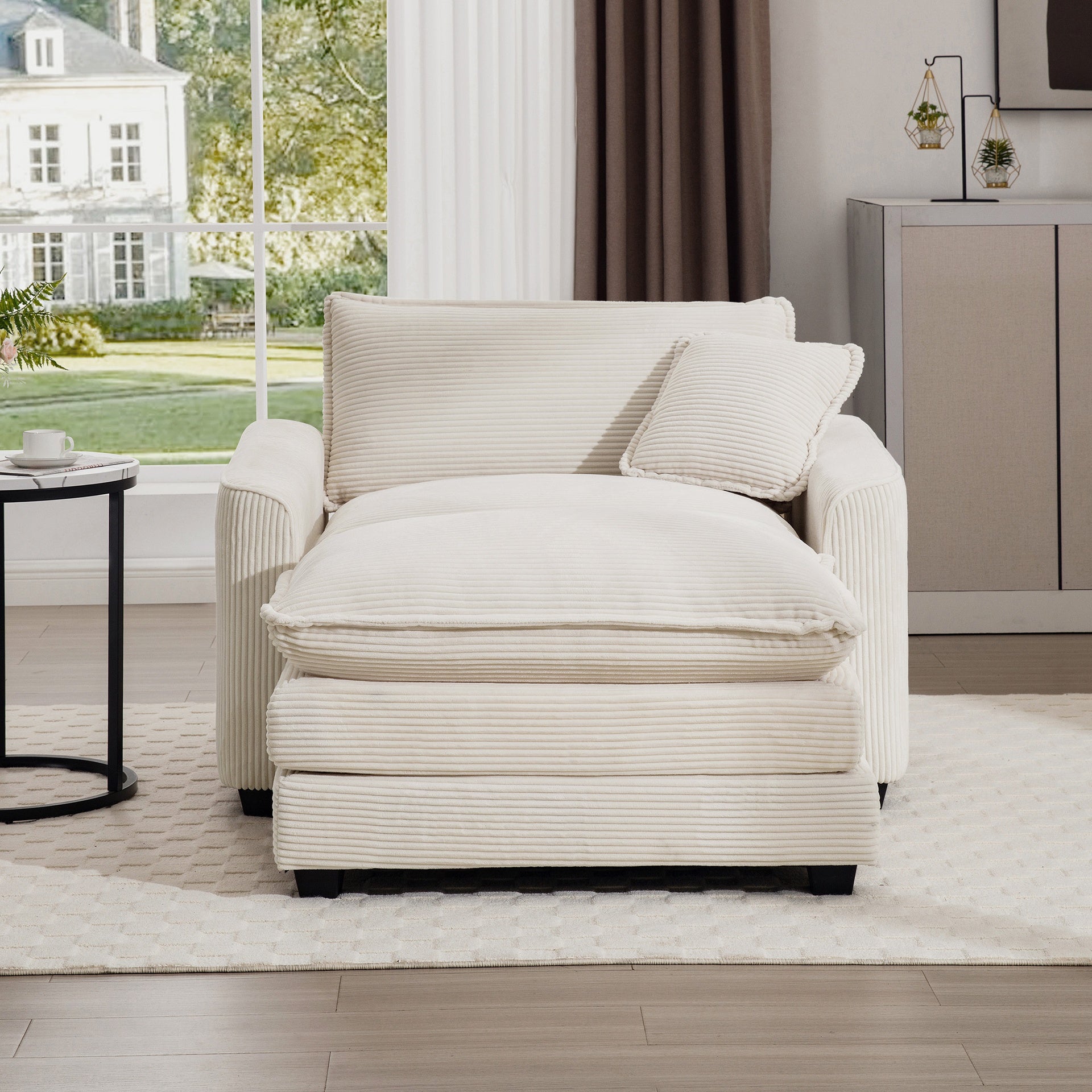 Comfortable Single Chair Deep Seat Sofa With Footstool With One Pillow, Accent Chair with Ottoman Suitable for Living Room and Bedroom and Reading Room, Light Beige Corduroy Fabric