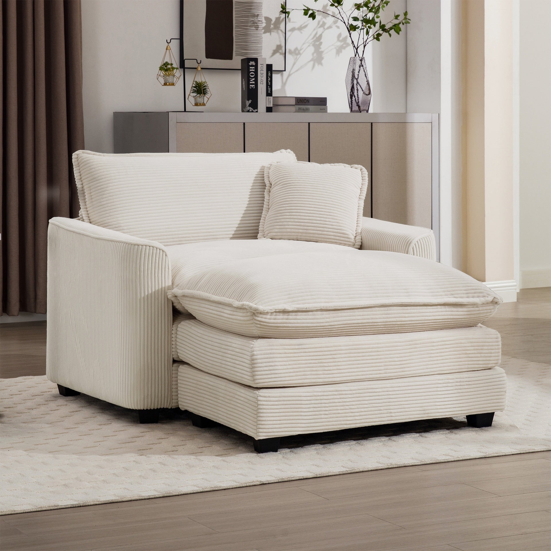 Comfortable Single Chair Deep Seat Sofa With Footstool With One Pillow, Accent Chair with Ottoman Suitable for Living Room and Bedroom and Reading Room, Light Beige Corduroy Fabric