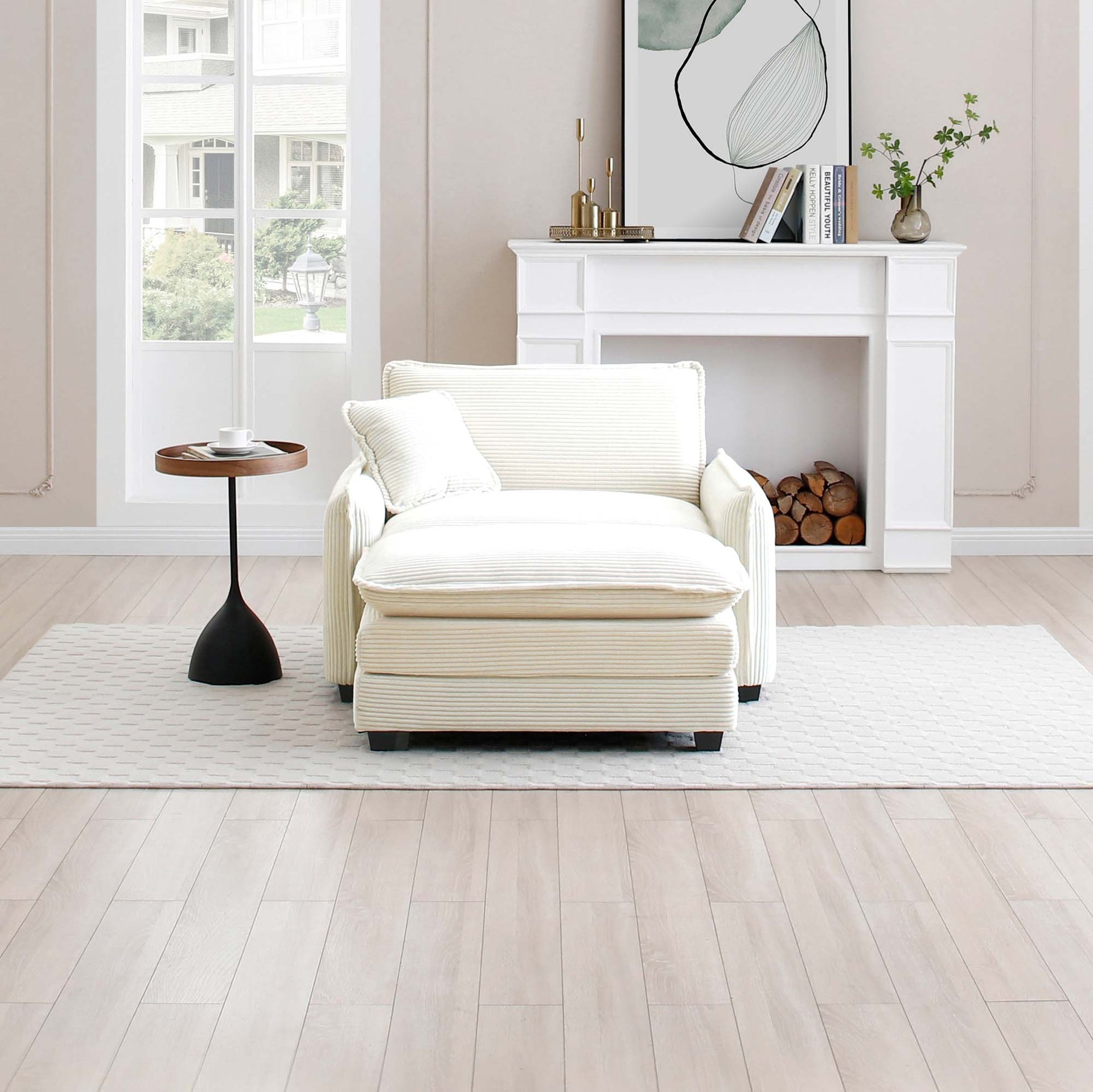 Single Deep Seat Sofa With Footstool With One Pillow, Suitable for Living Room and Bedroom, Club Multiple Occasions,White Corduroy