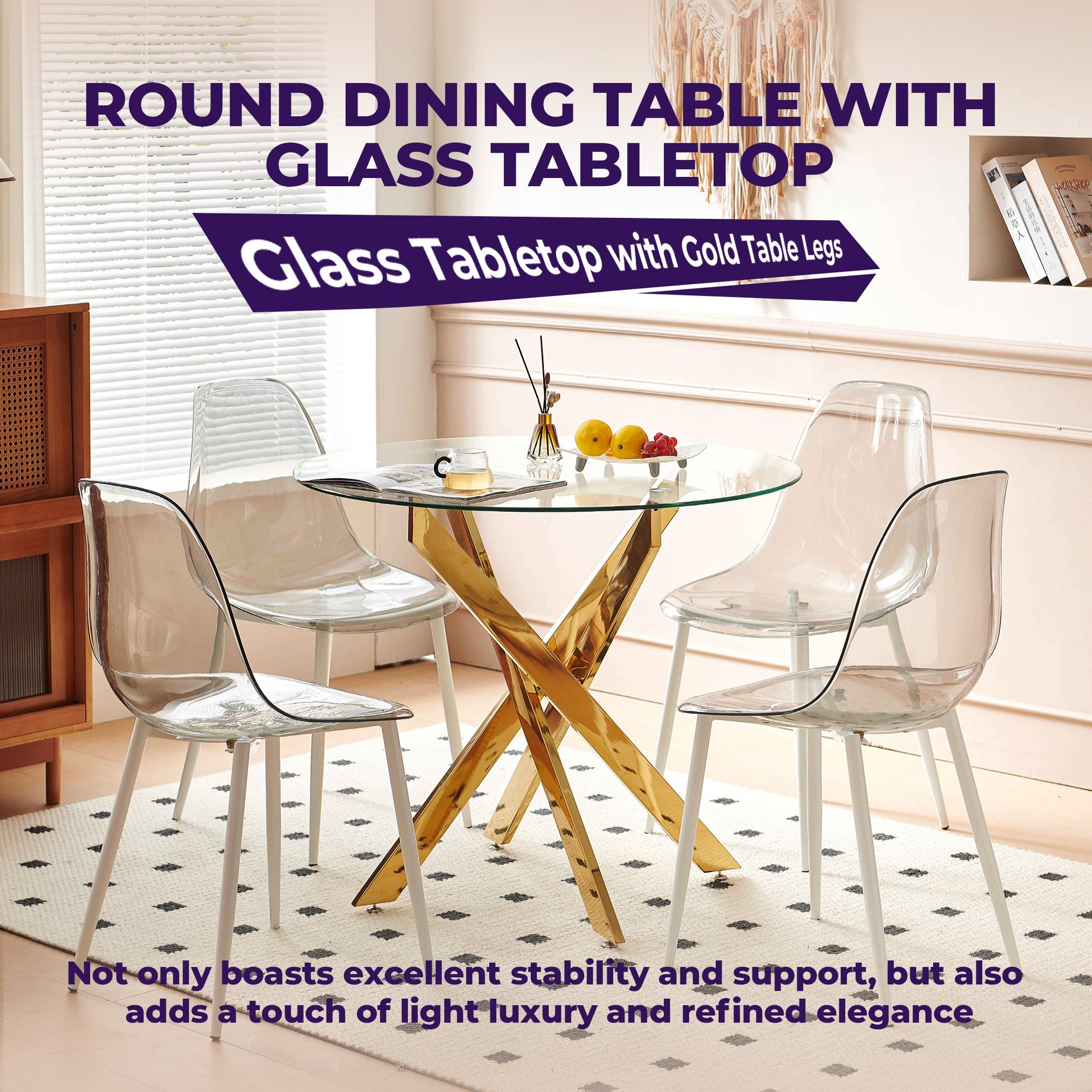 Golden Dining Table with cross metal leg and glass,Modern Space Saving Kitchen Table for Living Room