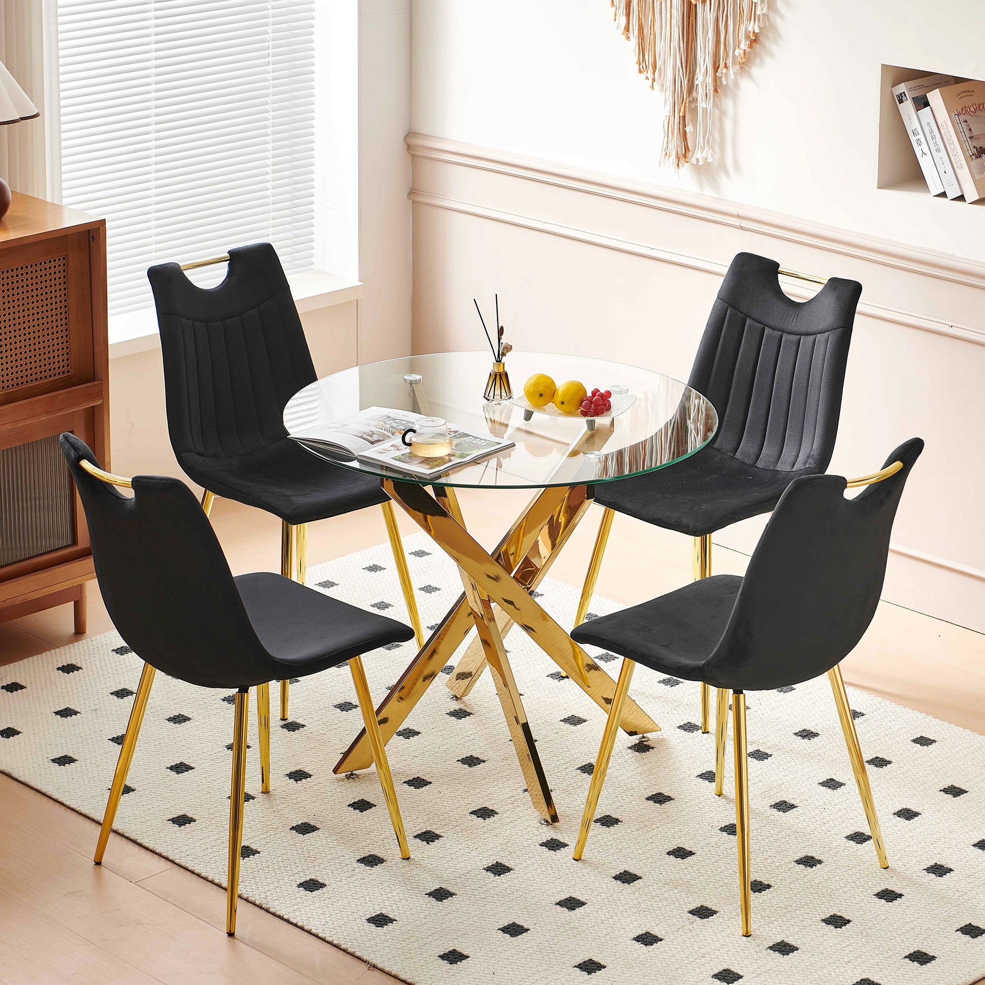 Golden Dining Table with cross metal leg and glass,Modern Space Saving Kitchen Table for Living Room