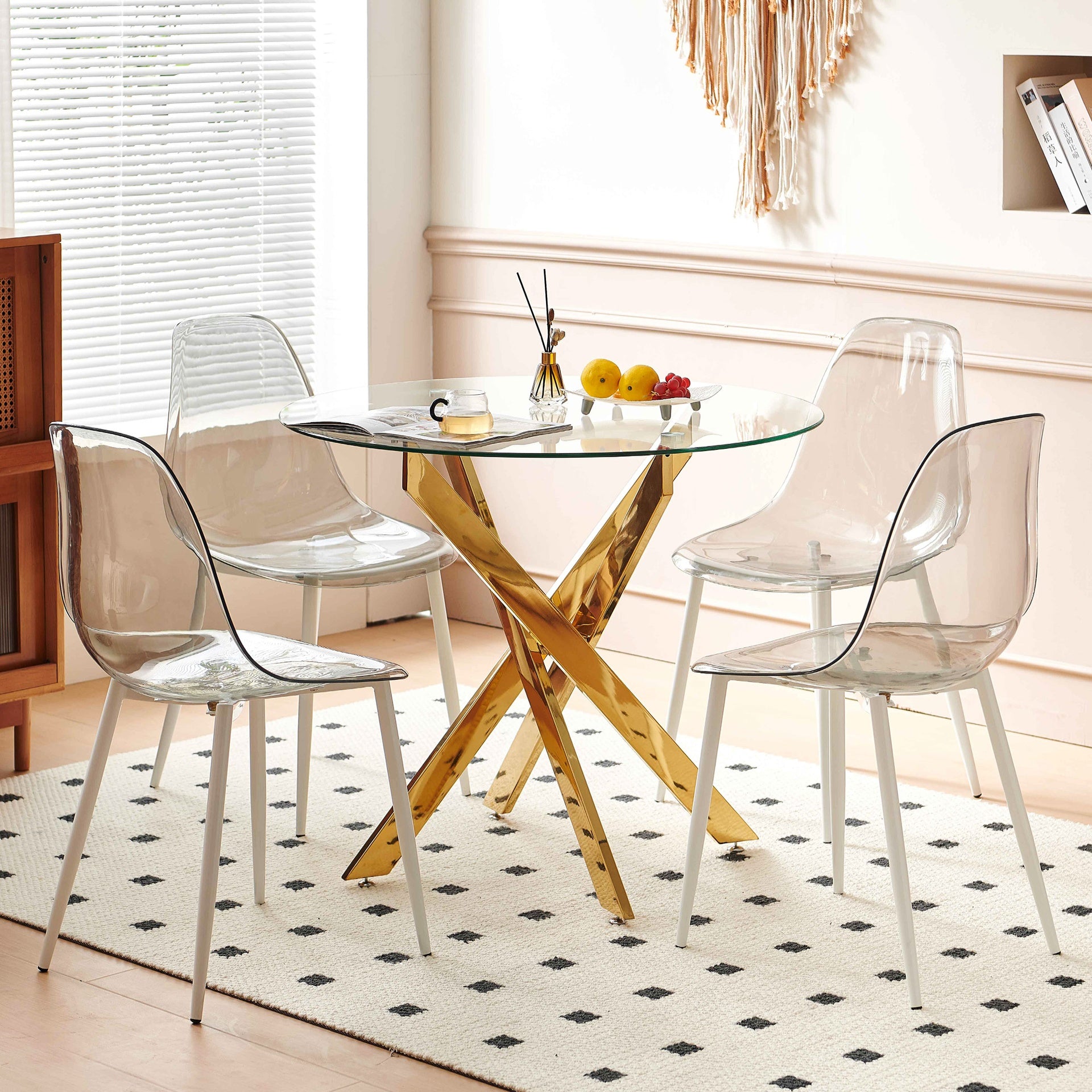 Golden Dining Table with cross metal leg and glass,Modern Space Saving Kitchen Table for Living Room