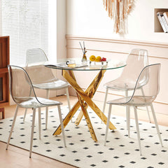 Golden Dining Table with cross metal leg and glass,Modern Space Saving Kitchen Table for Living Room