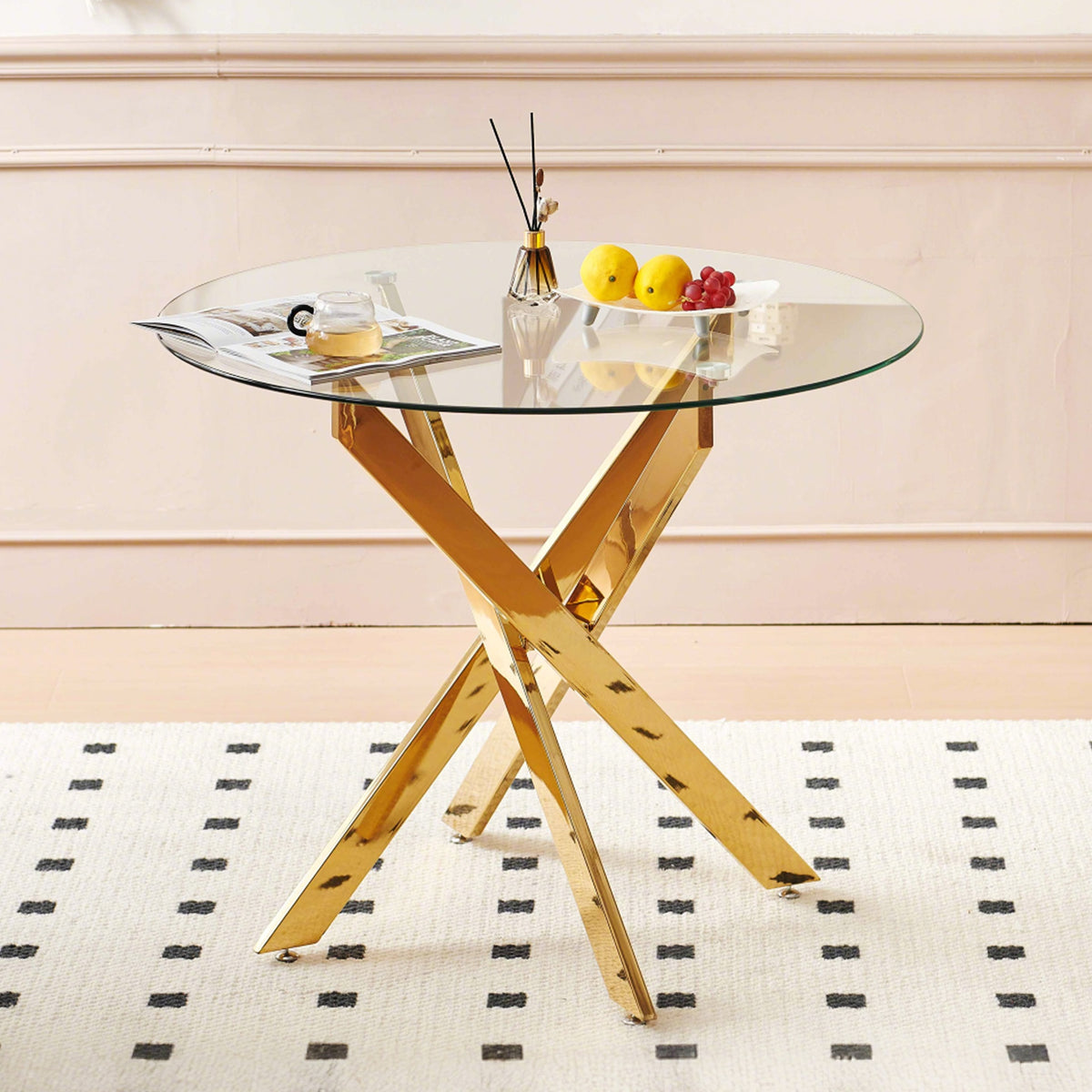 Golden Dining Table with cross metal leg and glass,Modern Space Saving Kitchen Table for Living Room