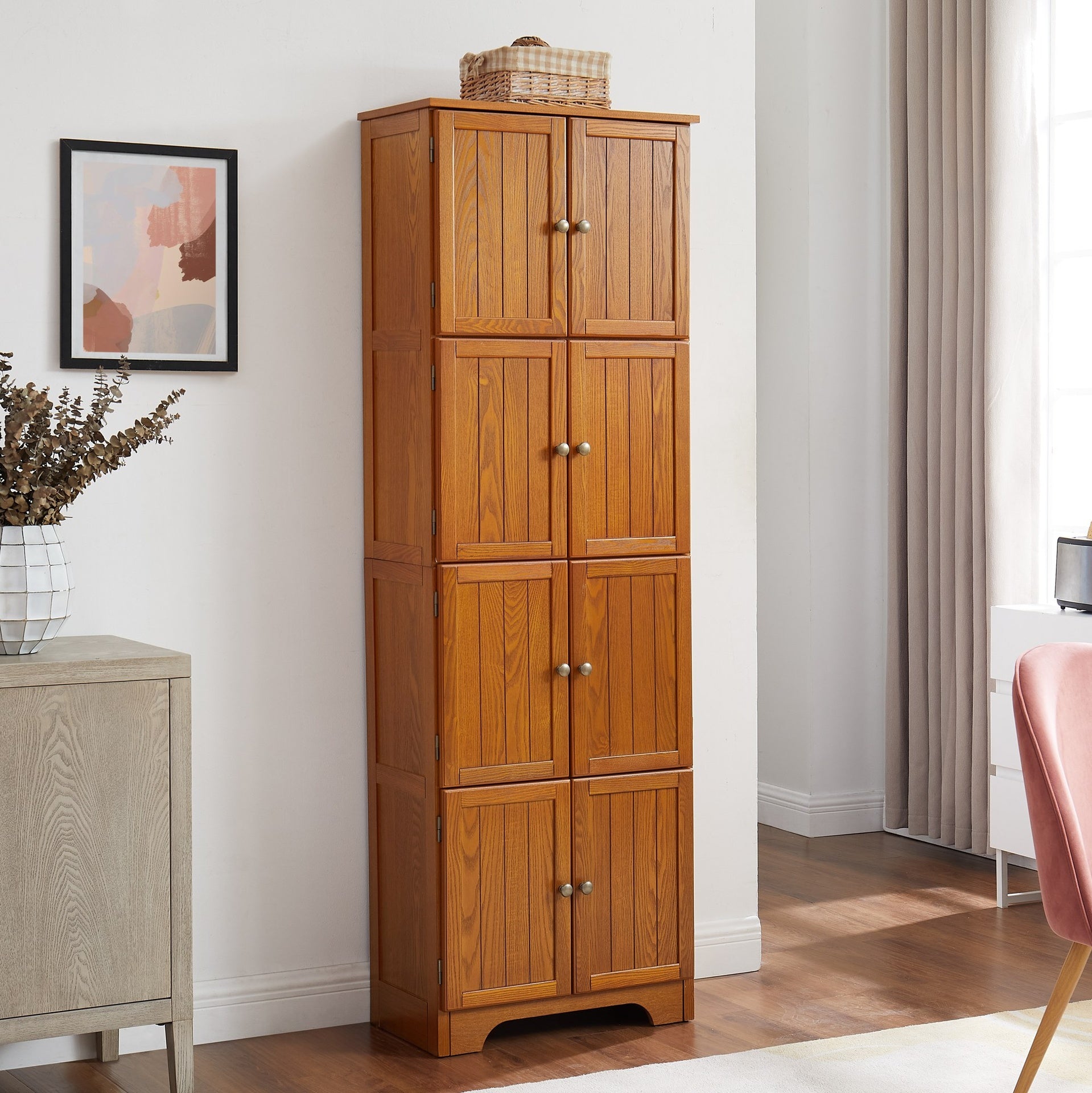 72.4" Tall Storage Cabinet Tall Storage Cabinet with 8 Doors and 4 Shelves ,Bookshelf Living Room, Kitchen, Dining Room, Office  Freestanding Storage Cabinet,OAK
