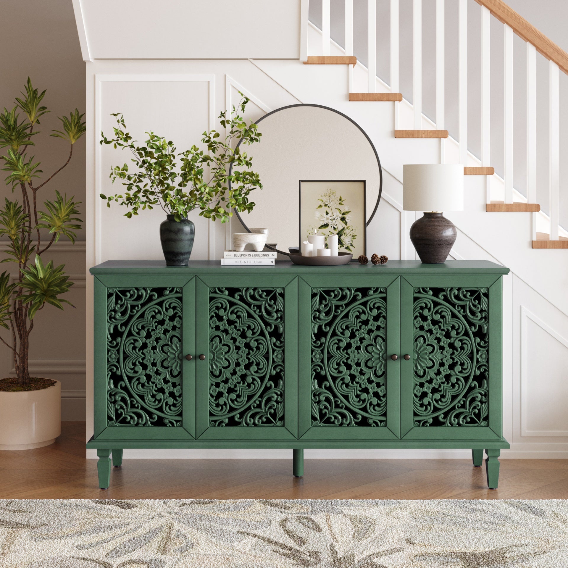 60" Antique Buffet Cabinet with Floral Carvings with Solid Wood Legs&Antique Brass Handles&Adjustable Shelves, TV Stand for 65''+ TV, Sideboard for Living Room,Dining Room(Antique Green)