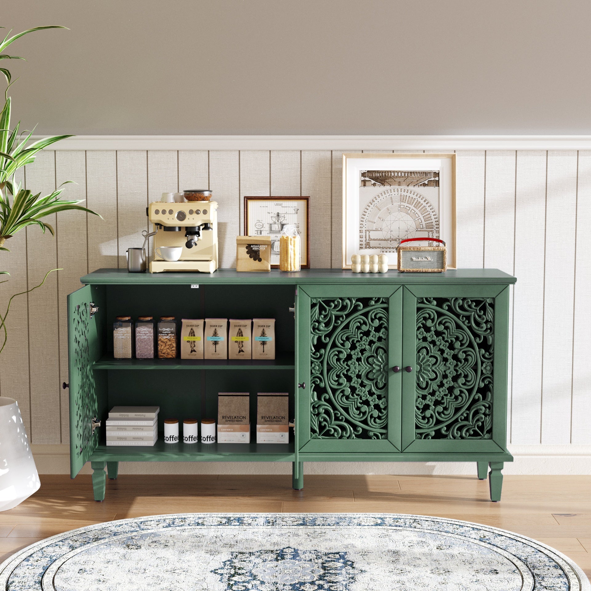 60" Antique Buffet Cabinet with Floral Carvings with Solid Wood Legs&Antique Brass Handles&Adjustable Shelves, TV Stand for 65''+ TV, Sideboard for Living Room,Dining Room(Antique Green)