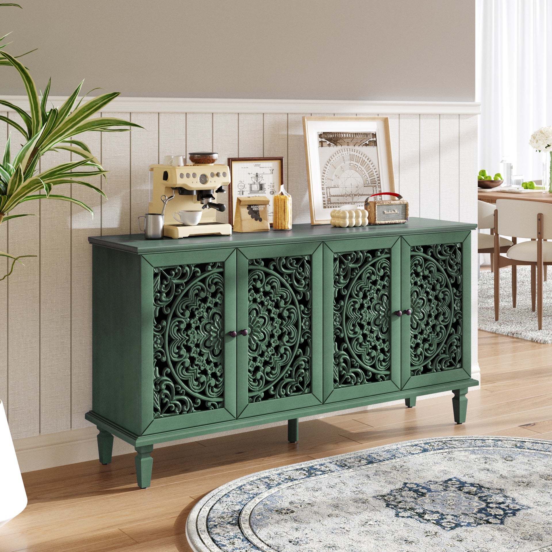 60" Antique Buffet Cabinet with Floral Carvings with Solid Wood Legs&Antique Brass Handles&Adjustable Shelves, TV Stand for 65''+ TV, Sideboard for Living Room,Dining Room(Antique Green)