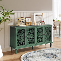 60" Antique Buffet Cabinet with Floral Carvings with Solid Wood Legs&Antique Brass Handles&Adjustable Shelves, TV Stand for 65''+ TV, Sideboard for Living Room,Dining Room(Antique Green)