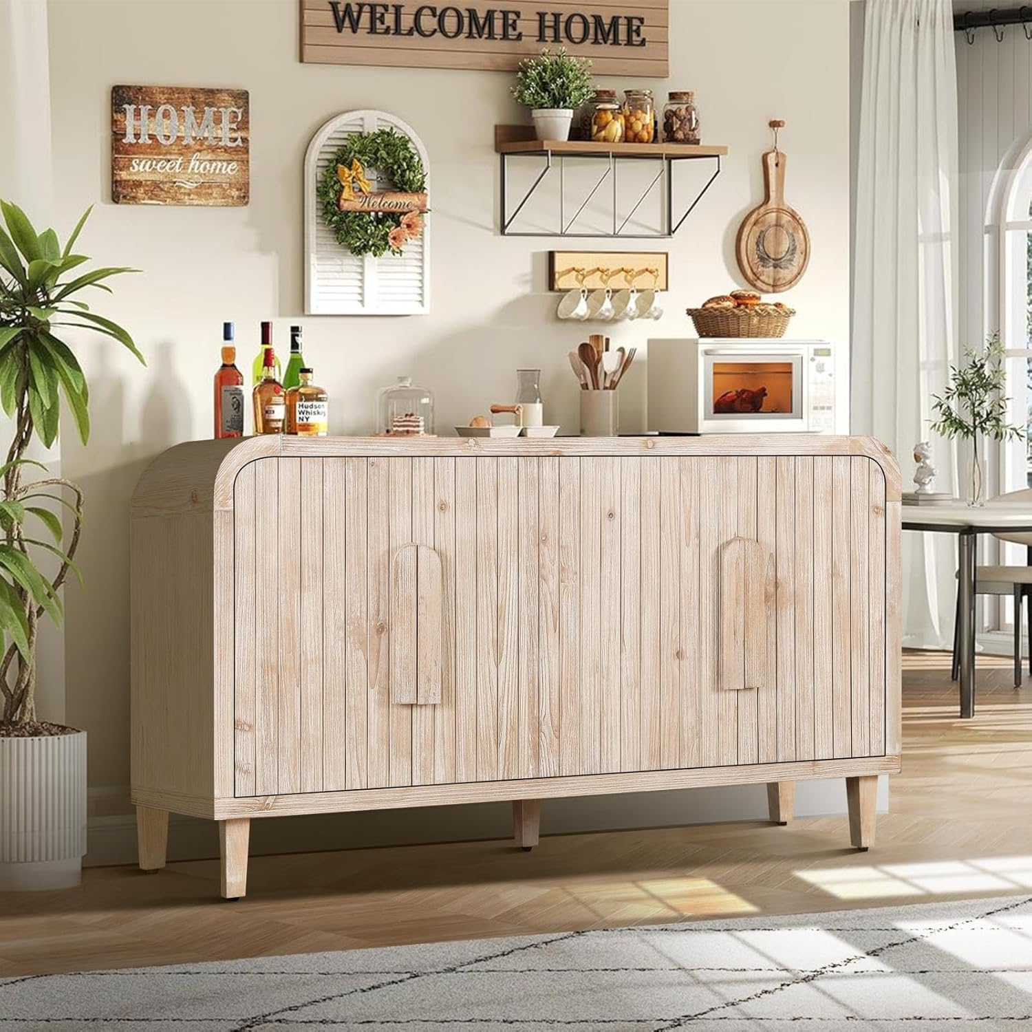 59'' Farmhouse Curved Vintage Storage Sideboard with Large Wooden Handles, Vertical Wood Grain Carving and Adjustable Shelves for Kitchen,Dining Room (Natural Wood Washed)